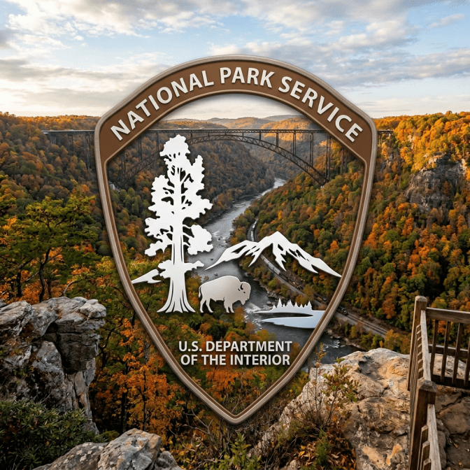 National Park Service emblem superimposed on a river valley with autumn trees and a bridge